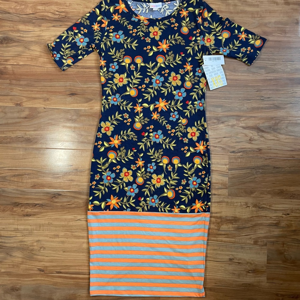 LuLaRoe XXS Julia Floral Midi Dress - Navy, Orange, Yellow